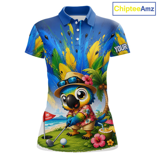 Funny Hawaiian bird golf jersey, personalized tropical parrot womens golf polo shirt, front view.
