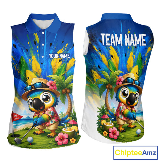 Womens sleeveless golf polo shirt with tropical parrot print, personalized name and team, Hawaiian bird golf jersey.