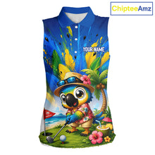 Load image into Gallery viewer, Funny Hawaiian bird golf jersey, personalized tropical parrot womens sleeveless golf polo shirt, front view.