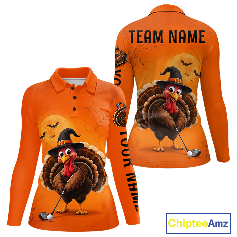 Halloween Turkey Women Golf Polo Shirt, Custom Name Thanksgiving Golf Team Shirt NHT1335