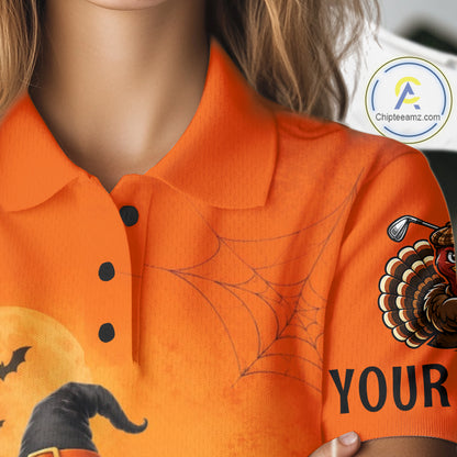 Halloween Turkey Women Golf Polo Shirt, Custom Name Thanksgiving Golf Team Shirt NHT1335