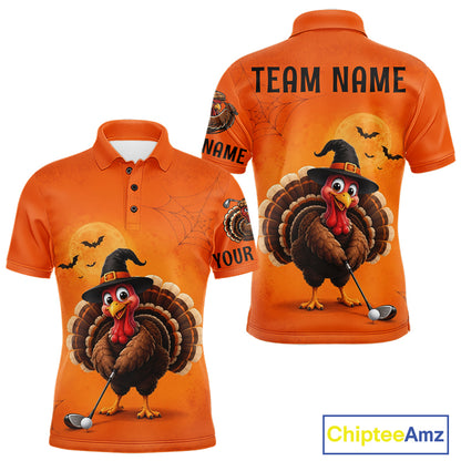 Halloween Turkey Men Golf Polo Shirt, Custom Name Thanksgiving Golf Team Shirt NHT1335