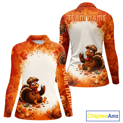Thanksgiving Turkey Women Golf Polo Shirt Custom Name, Personalized Fall Golf Tops NHT1336