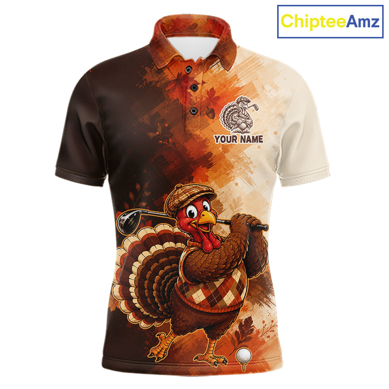 Personalized Vintage Autumn Men Golf Tops, Thanksgiving Turkey Golf Polo Shirt Custom Name NHT1338