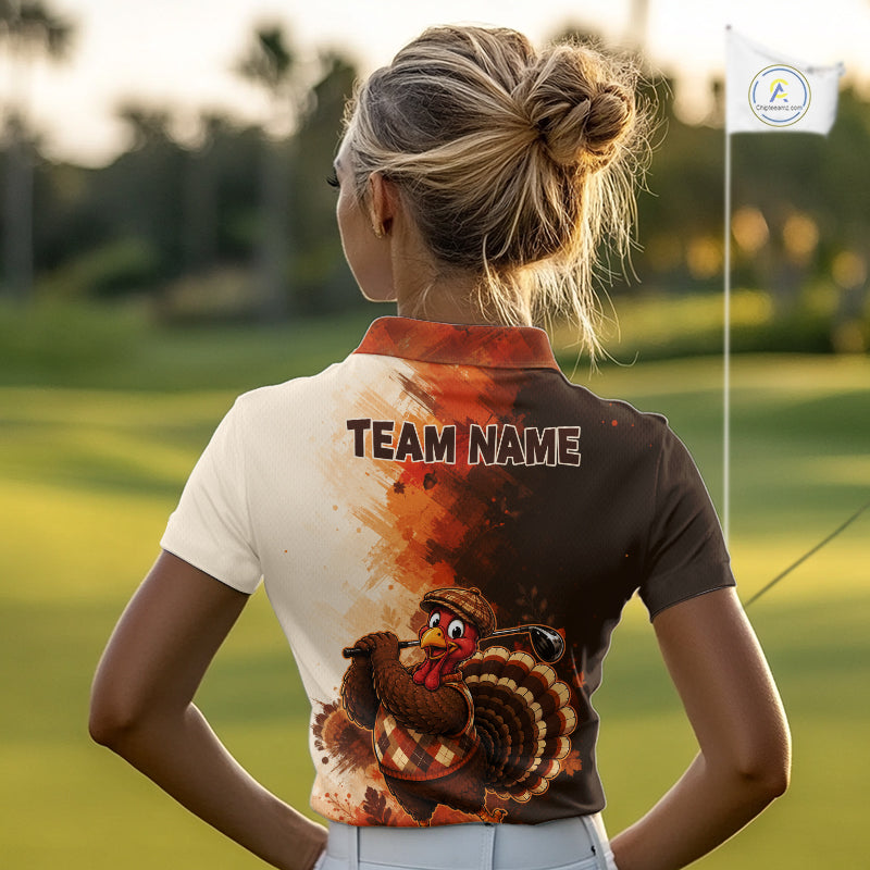 Personalized Vintage Autumn Women Golf Tops, Thanksgiving Turkey Golf Polo Shirt Custom Name NHT1338