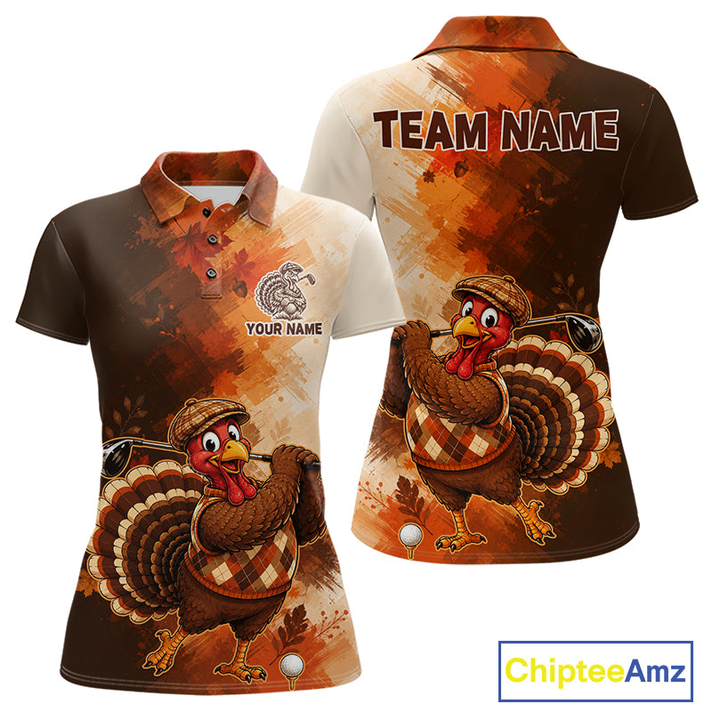 Personalized Vintage Autumn Women Golf Tops, Thanksgiving Turkey Golf Polo Shirt Custom Name NHT1338