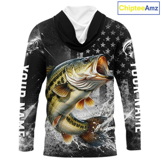 Gray Bass Custom Hooded Long Sleeve Fishing Shirts, American Flag Patriotic Bass Fishing Shirt NHT514