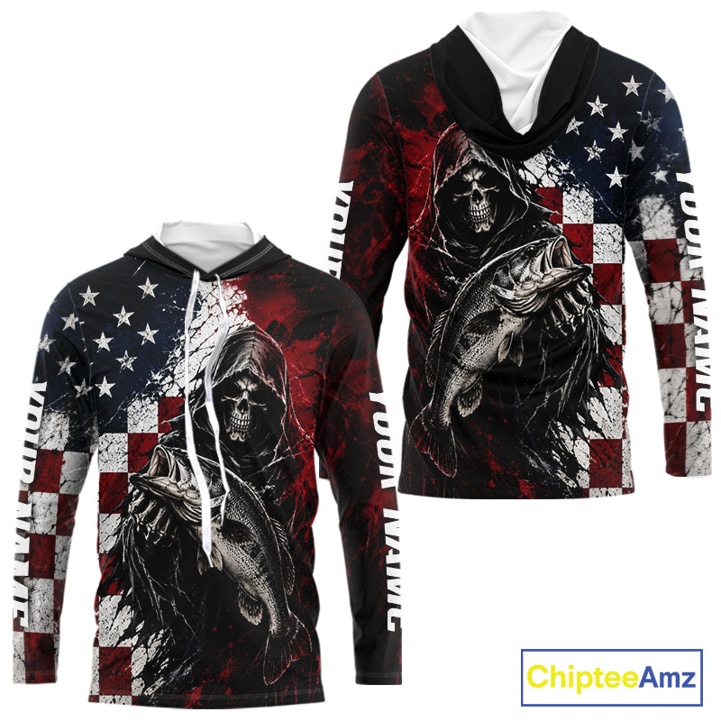 Hoodie with American flag design and skeleton holding a fish, brand 'Chiptee Amz' visible.