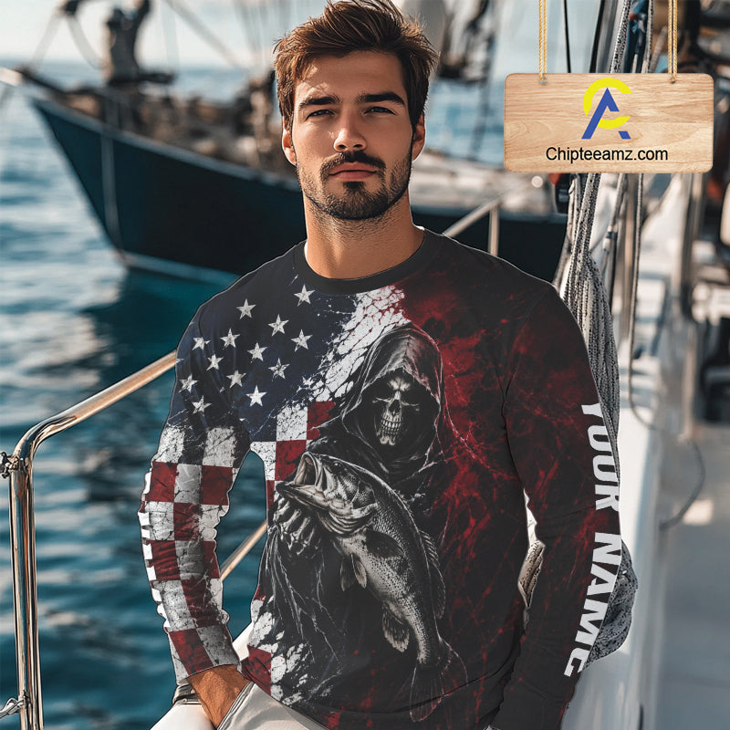 Grim Reaper Largemouth Bass Jersey – American Flag Patriotic Fisherman Long Sleeve Fishing Shirt