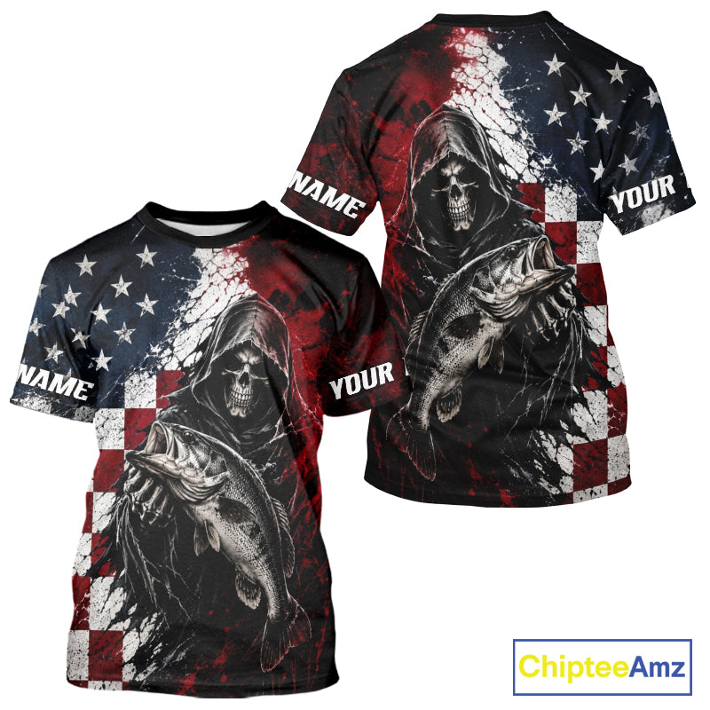 Grim Reaper Largemouth Bass Jersey – American Flag Patriotic Fisherman Fishing T-Shirt