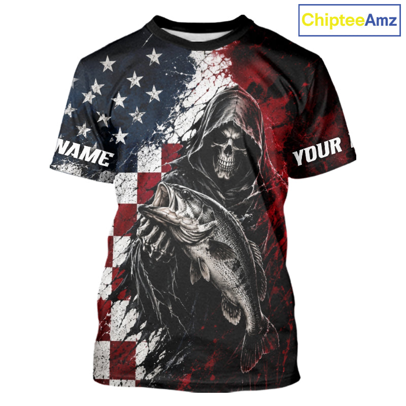 Grim Reaper Largemouth Bass Jersey – American Flag Patriotic Fisherman Fishing T-Shirt