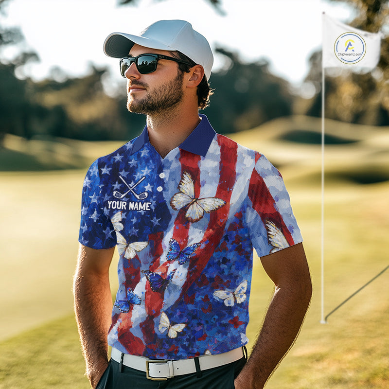 Personalized American Flag Butterfly Golf Polo Shirt – Custom Name Patriotic Team Apparel
