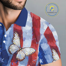 Load image into Gallery viewer, Personalized American Flag Butterfly Golf Polo Shirt – Custom Name Patriotic Team Apparel