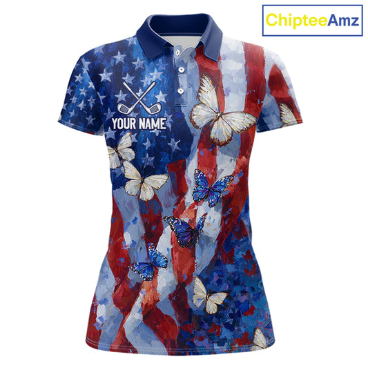 Personalized American Flag Butterfly Womens Golf Polo Shirt – Custom Name Patriotic Team Apparel