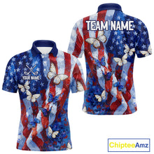 Load image into Gallery viewer, Personalized American Flag Butterfly Golf Polo Shirt – Custom Name Patriotic Team Apparel