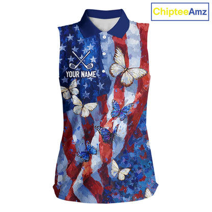Personalized American Flag Butterfly Womens Sleeveless Golf Polo Shirt – Custom Name Patriotic Team Apparel 