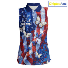 Load image into Gallery viewer, Personalized American Flag Butterfly Womens Sleeveless Golf Polo Shirt – Custom Name Patriotic Team Apparel 