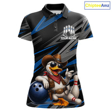 Load image into Gallery viewer, Women's custom cowboy duck bowling polo shirt – blue front view