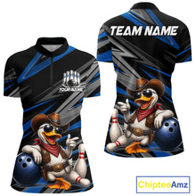 Load image into Gallery viewer, Women's custom cowboy duck bowling quarter zip shirt – blue front view