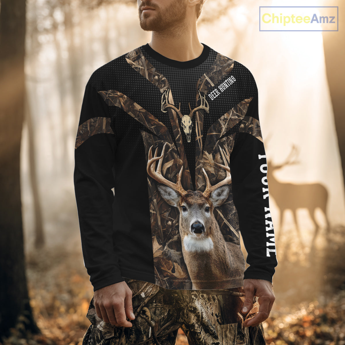 Brown Camo 3D Deer Hunting Hoodie For Men – Whitetail Buck Skull Design NHT335