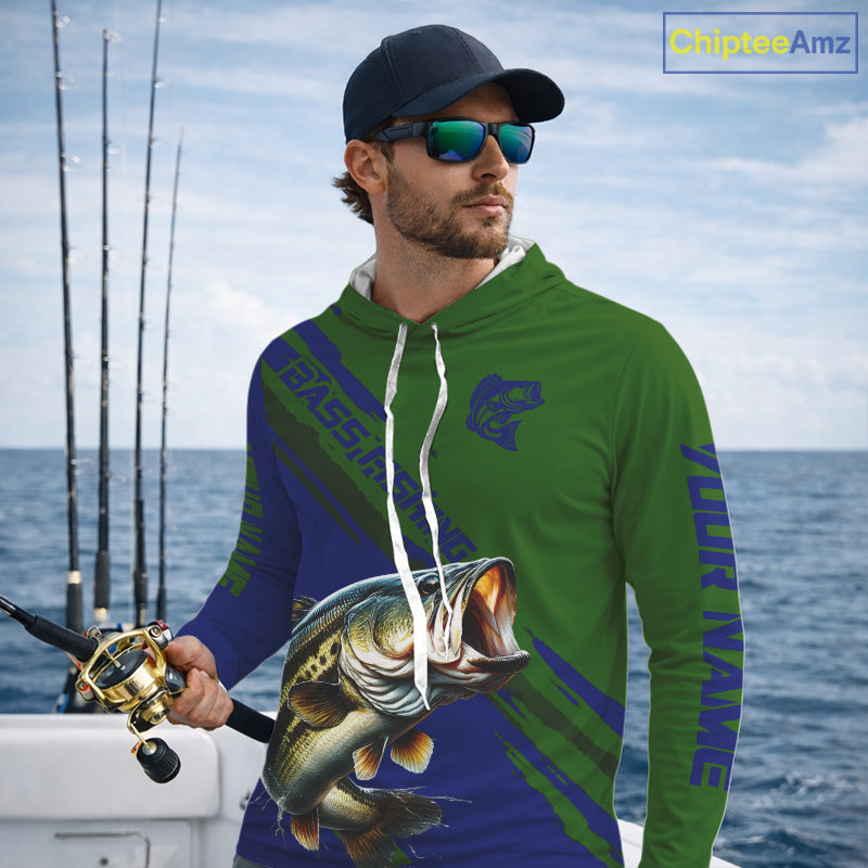 Green Blue Bass Fishing Shirt Long Sleeve Fishing Apparel For Men, Hooded Fishing Shirt For Fisher NHT873