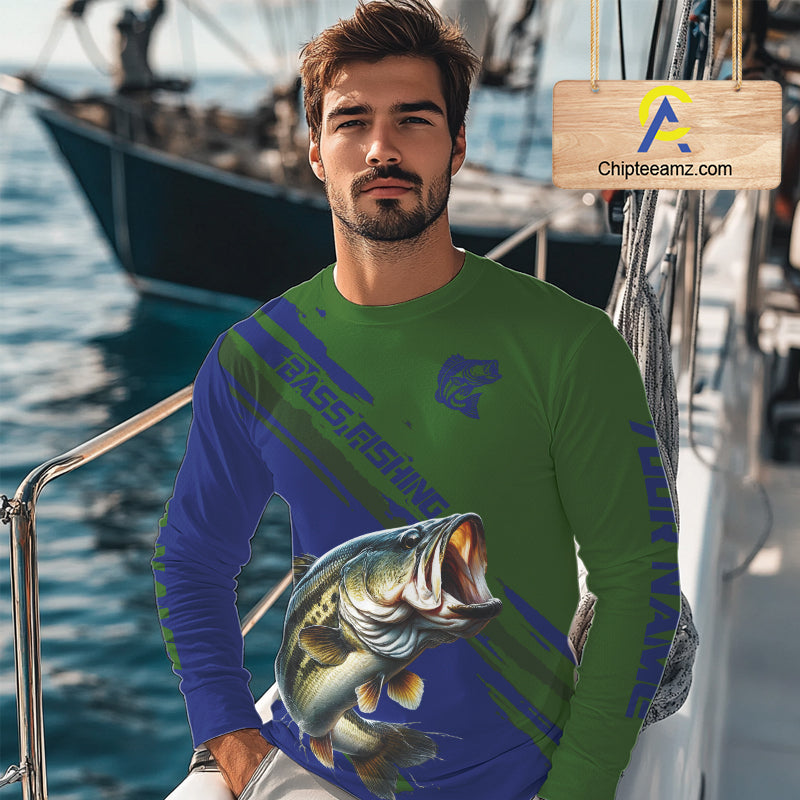 Green Blue Bass Fishing Shirt Long Sleeve Fishing Apparel For Men, Fishing Shirt For Fisher NHT873