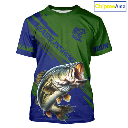 Green Blue Bass Fishing Apparel For Men, Short Sleeve Fishing T-Shirts For Fisher NHT873