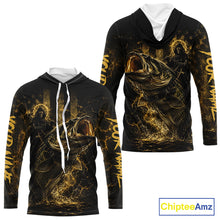 Load image into Gallery viewer, Back view of yellow hooded bass fishing shirt made from breathable polyester with UPF 30+ sun protection.