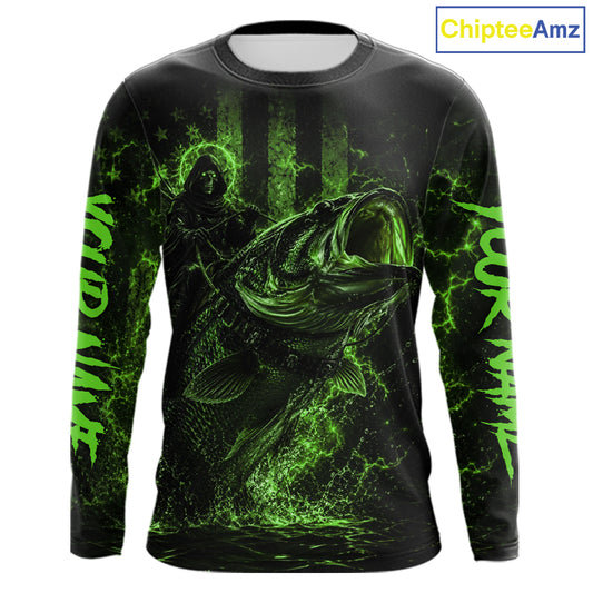 Green Grim Reaper Bass Fishing Jersey long sleeve with largemouth bass graphic and performance fit.