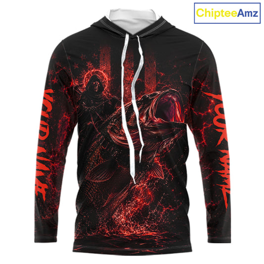 Red Grim Reaper Bass Fishing Jersey long sleeve hooded shirt with bass-inspired print and performance fit.