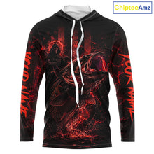 Load image into Gallery viewer, Red Grim Reaper Bass Fishing Jersey long sleeve hooded shirt with bass-inspired print and performance fit.