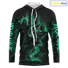 Load image into Gallery viewer, Turquoise Grim Reaper Bass Fishing Jersey long sleeve hooded shirt with bass-inspired print and performance fit.