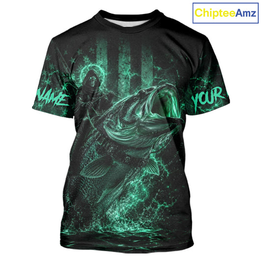 Turquoise Grim Reaper Bass Fishing Jersey with largemouth bass graphic and short sleeve performance fit.