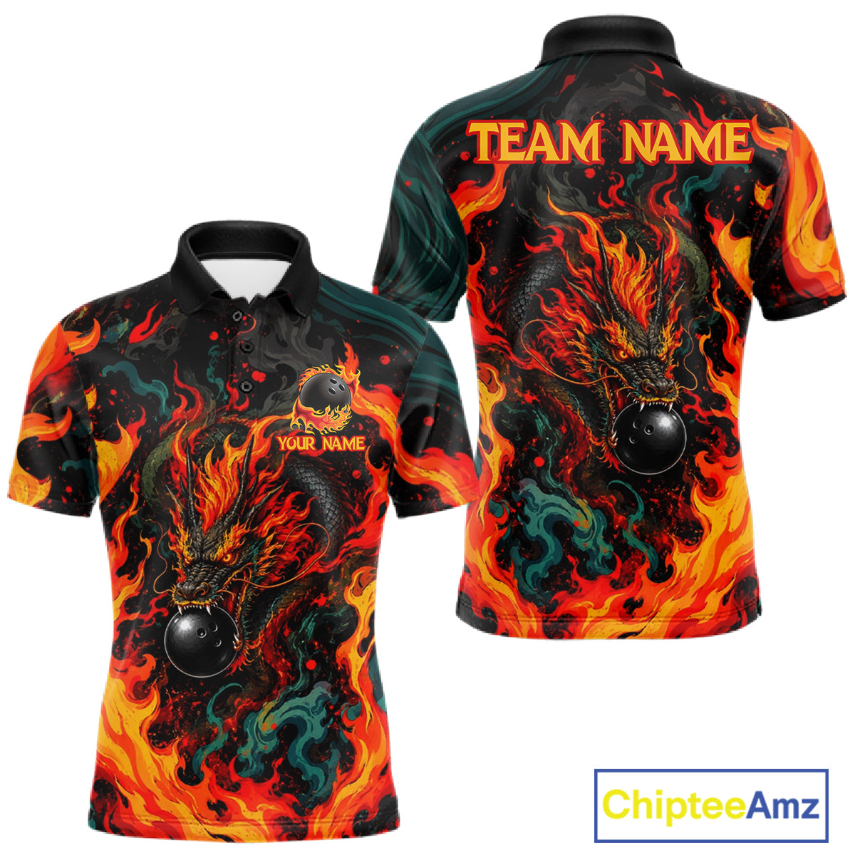 Dragon Bowling Polo Shirt Custom Name Team Fire Dragon Quarter Zip Jersey For Men NHT1348