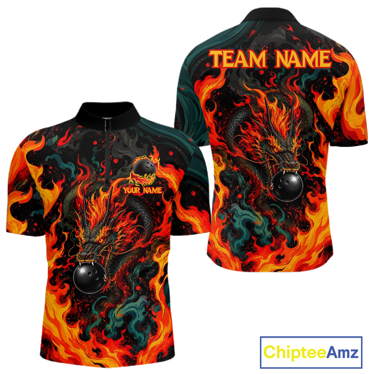 Dragon Bowling Polo Shirt Custom Name Team Fire Dragon Quarter Zip Jersey For Men NHT1348