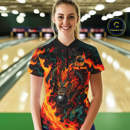 Dragon Bowling Polo Shirt Custom Name Team Fire Dragon Quarter Zip Jersey For Women NHT1348