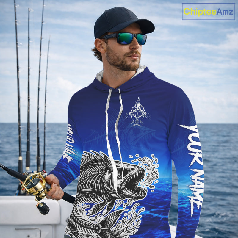 Personalized Fishing Fish Skeleton Fishing Shirts Long Sleeve Hooded, Ocean Wave Fishing Jersey NHT1353