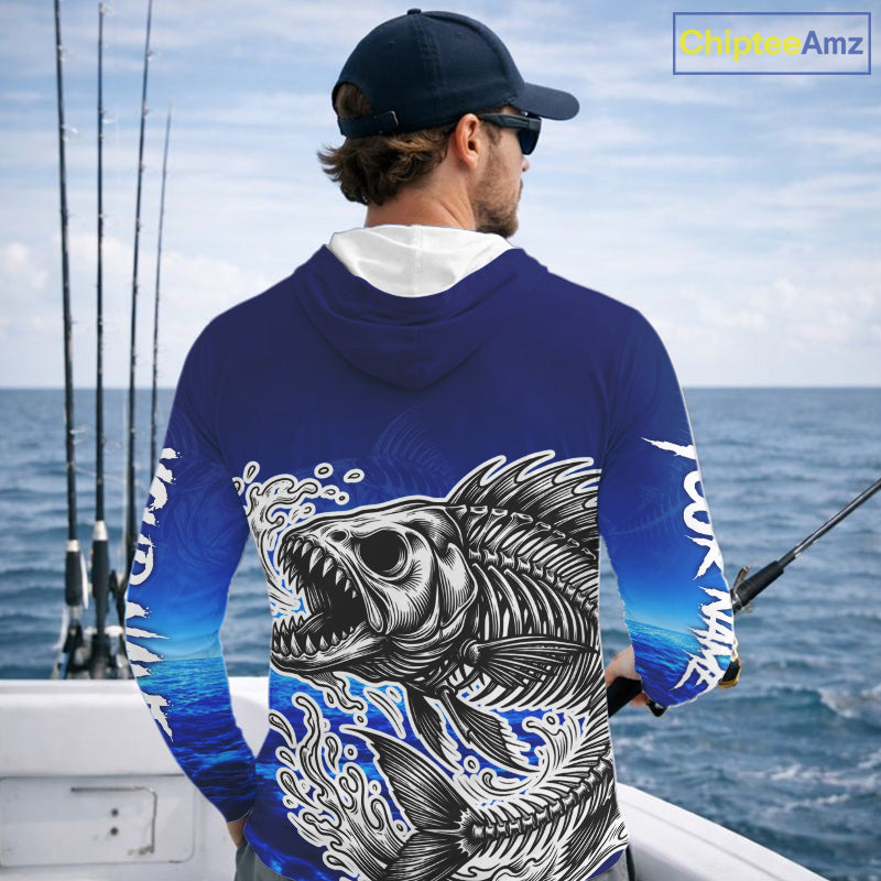 Personalized Fishing Fish Skeleton Fishing Shirts Long Sleeve Hooded, Ocean Wave Fishing Jersey NHT1353