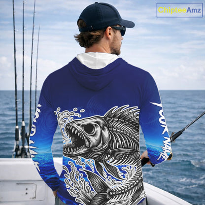 Personalized Fishing Fish Skeleton Fishing Shirts Long Sleeve Hooded, Ocean Wave Fishing Jersey NHT1353