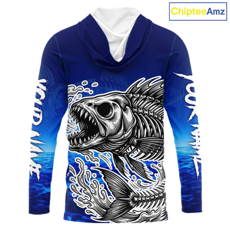 Personalized Fishing Fish Skeleton Fishing Shirts Long Sleeve Hooded, Ocean Wave Fishing Jersey NHT1353