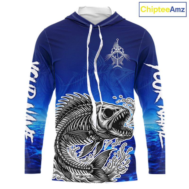 Personalized Fishing Fish Skeleton Fishing Shirts Long Sleeve Hooded, Ocean Wave Fishing Jersey NHT1353
