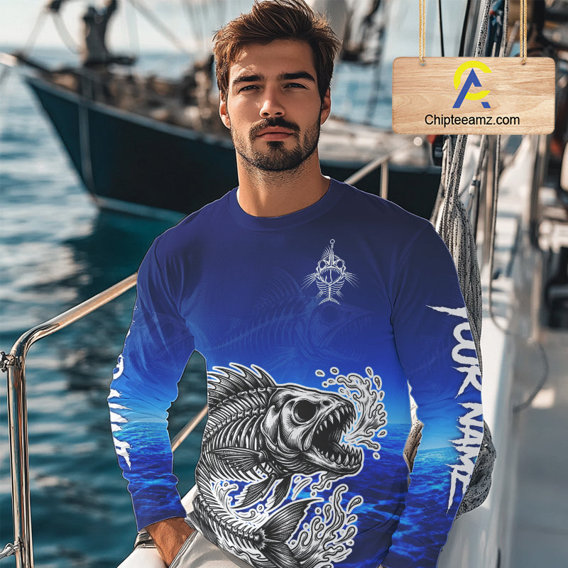 Personalized Fishing Fish Skeleton Fishing Shirts Long Sleeve, Ocean Wave Fishing Jersey NHT1353
