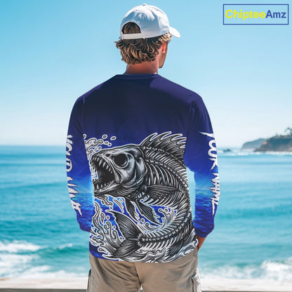 Personalized Fishing Fish Skeleton Fishing Shirts Long Sleeve, Ocean Wave Fishing Jersey NHT1353