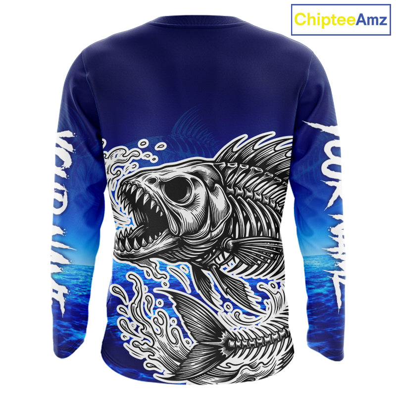 Personalized Fishing Fish Skeleton Fishing Shirts Long Sleeve, Ocean Wave Fishing Jersey NHT1353