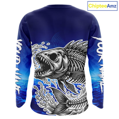 Personalized Fishing Fish Skeleton Fishing Shirts Long Sleeve, Ocean Wave Fishing Jersey NHT1353