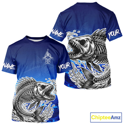 Personalized Fishing Fish Skeleton Fishing T-Shirt, Ocean Wave Fishing Jersey NHT1353
