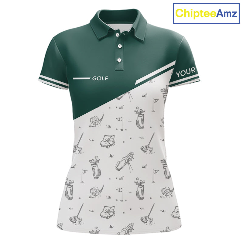 Green White Golf Pattern Womens Golf Tops Custom Ladies Golf Shirts, Green Golf Tops NHT884