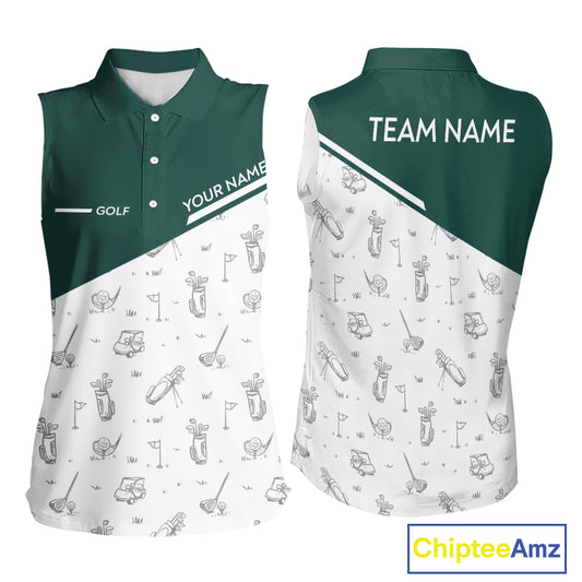 Green White Golf Pattern Sleeveless Womens Golf Tops Custom Ladies Golf Shirts, Green Golf Tops NHT884
