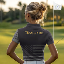 Load image into Gallery viewer, Black &amp; Gold American Flag Womens Golf Polo Shirts, Golf Gifts For Team NHT887