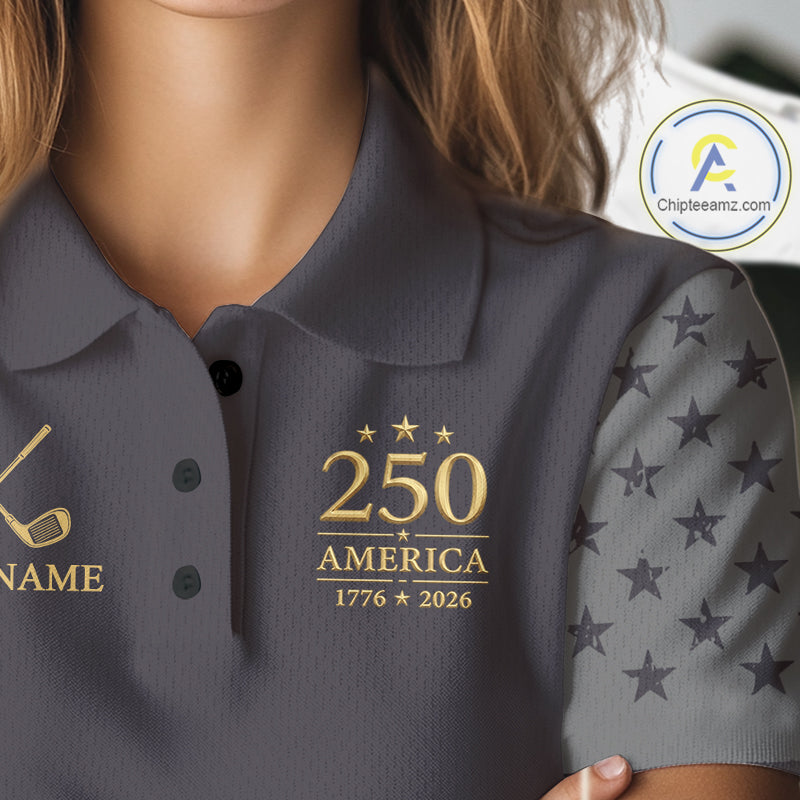 Black & Gold American Flag Womens Golf Polo Shirts, Golf Gifts For Team NHT887